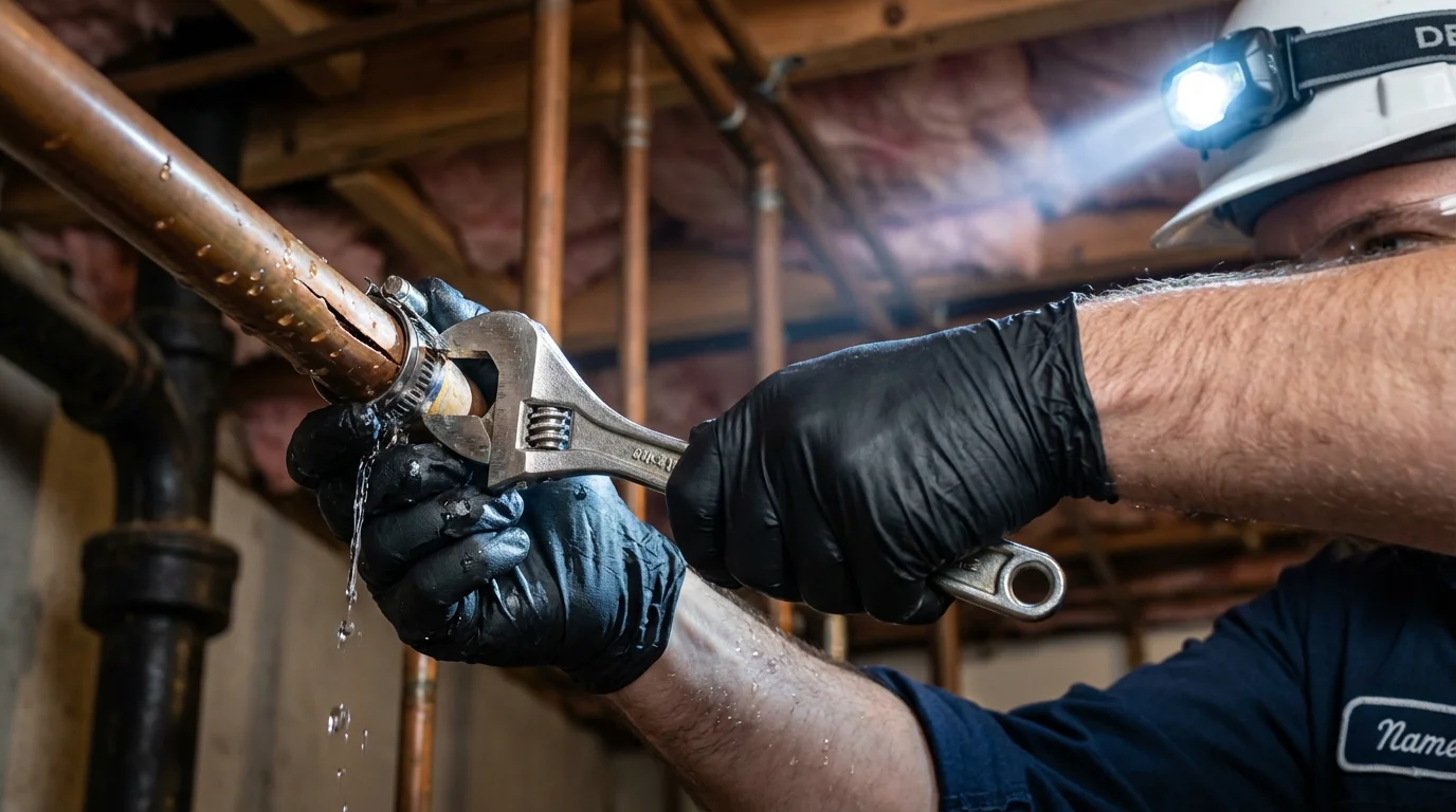 Emergency pipe clamp repair being performed by a Johns Plumbing LLC plumber in Sisseton