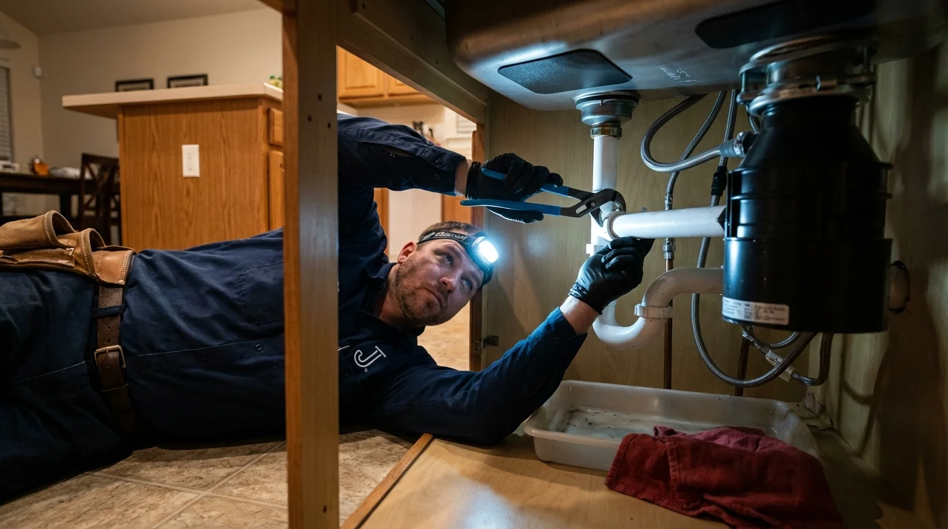 P-trap and supply line connections under a kitchen sink showing a common leak point in Sisseton, SD